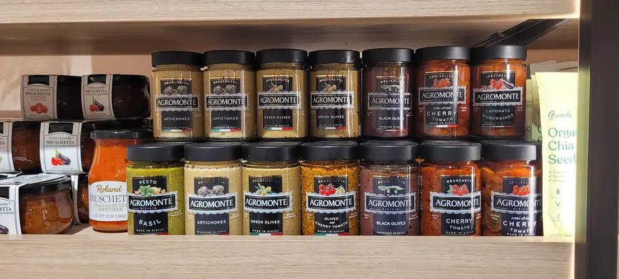 Agromonte Sicilian bruschetta, pesto and semi-dried cherry tomato range at eye level.