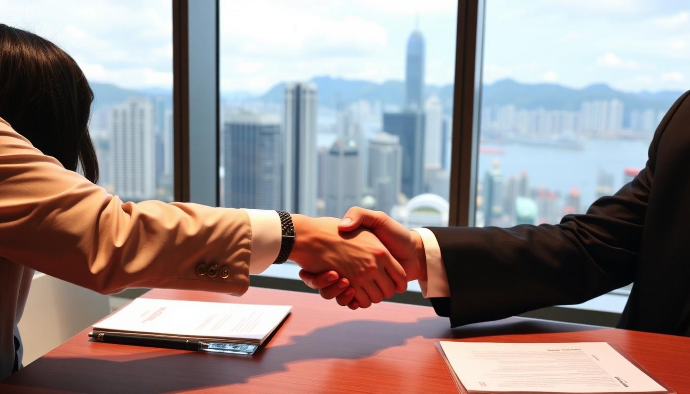 Business handshake with Hong Kong skyline in the background