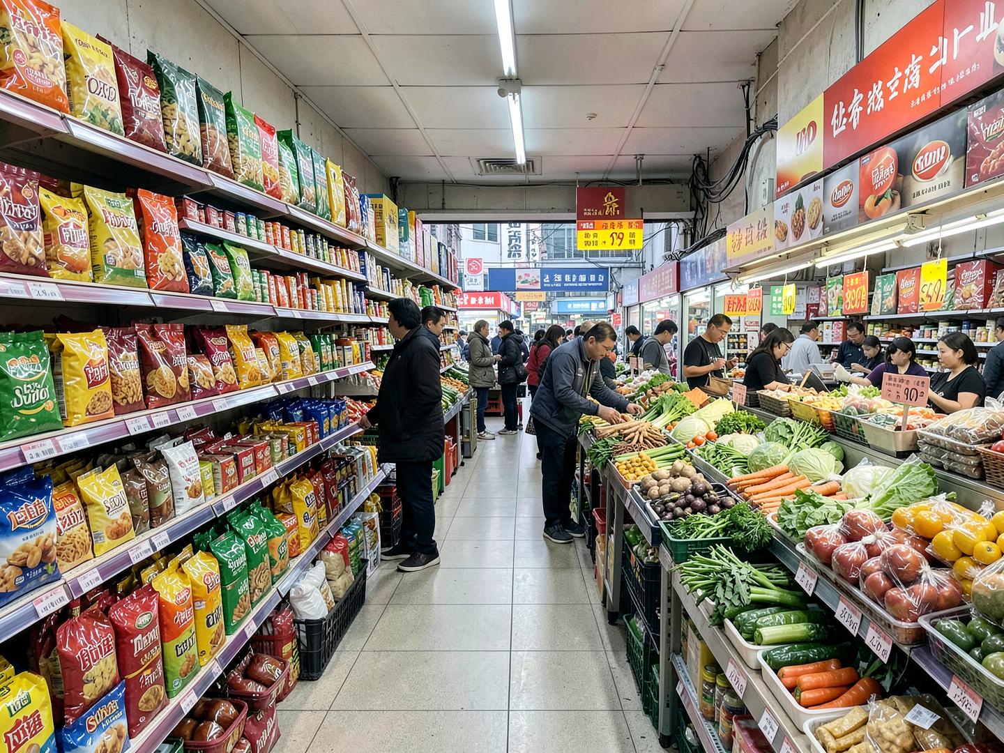 Consolidated imported snacks and packaged groceries alongside fresh produce in a Hong Kong marketplace.