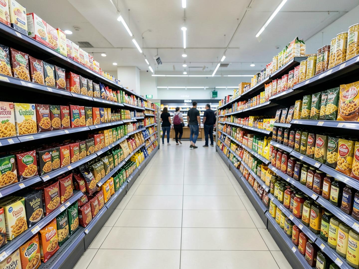 Imported European ambient grocery lines merchandised across a full aisle in a Tops store in Thailand.